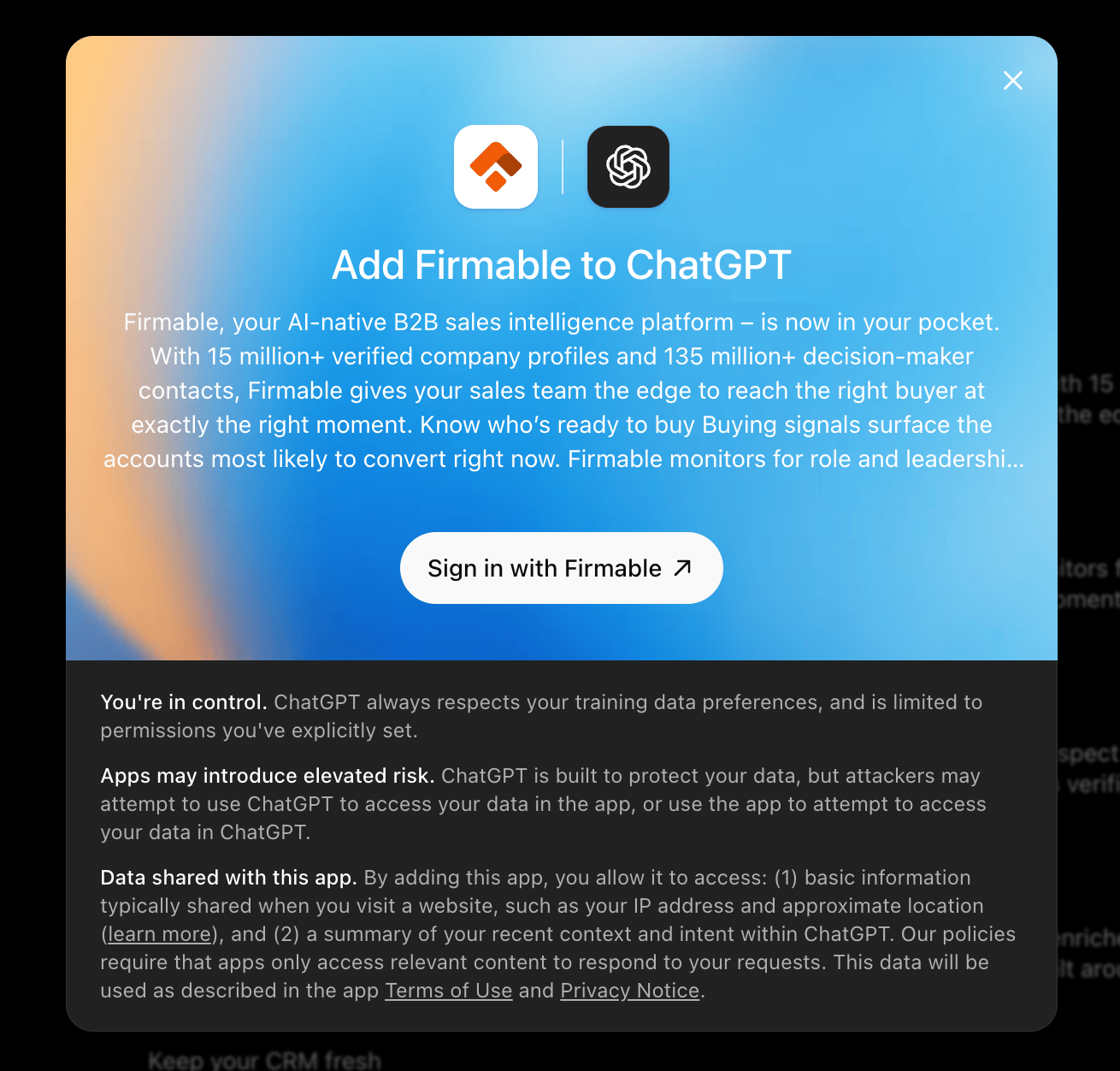 Add Firmable to ChatGPT dialog with the Sign in with Firmable button and data-sharing notice