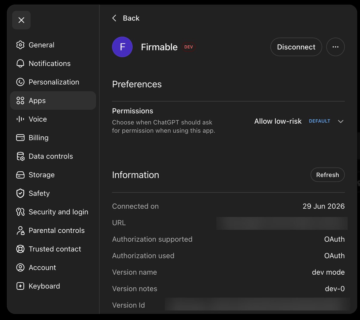 Connected Firmable app in ChatGPT settings with its permissions and details
