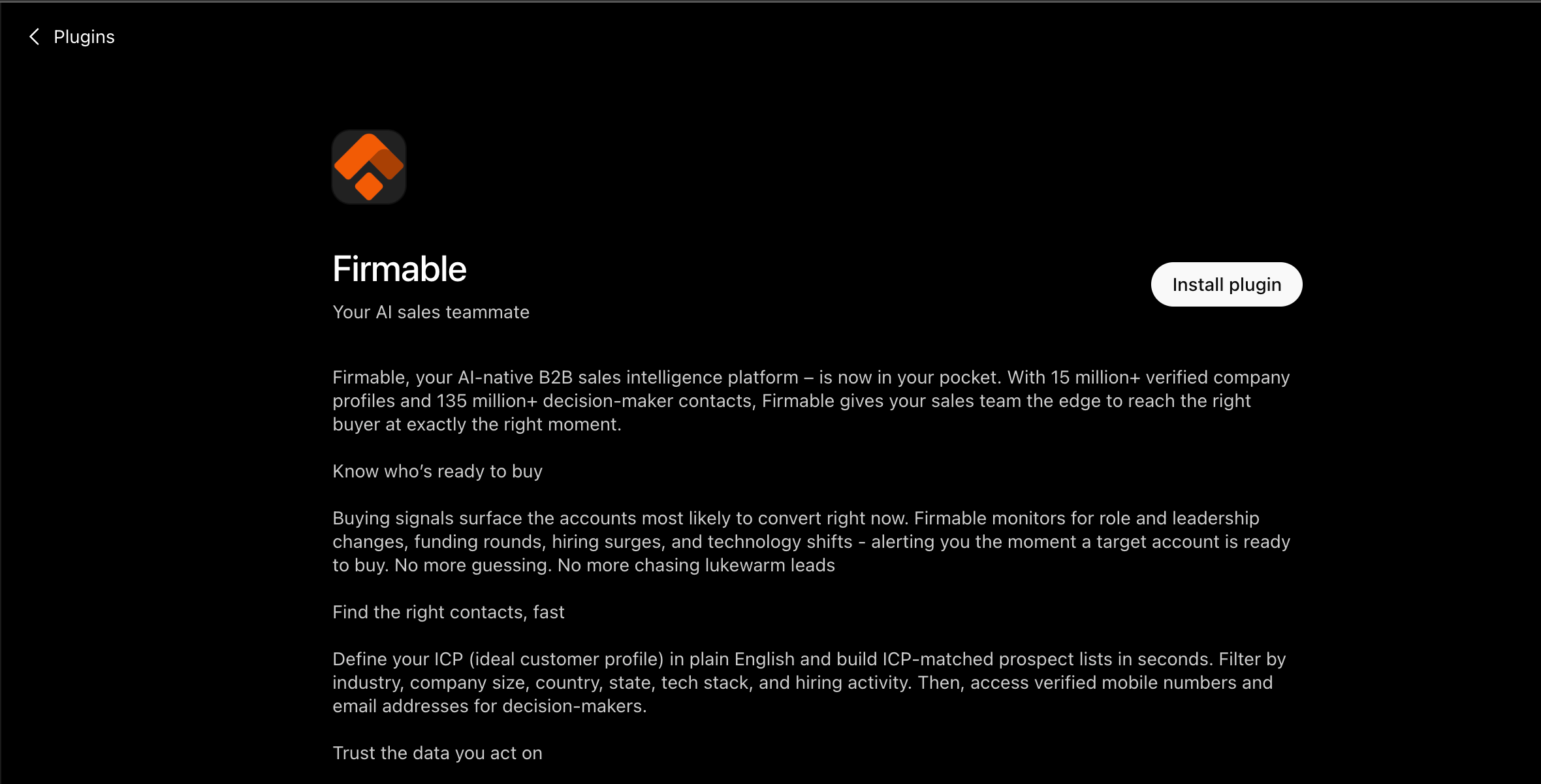 Firmable plugin page in ChatGPT with the Install plugin button