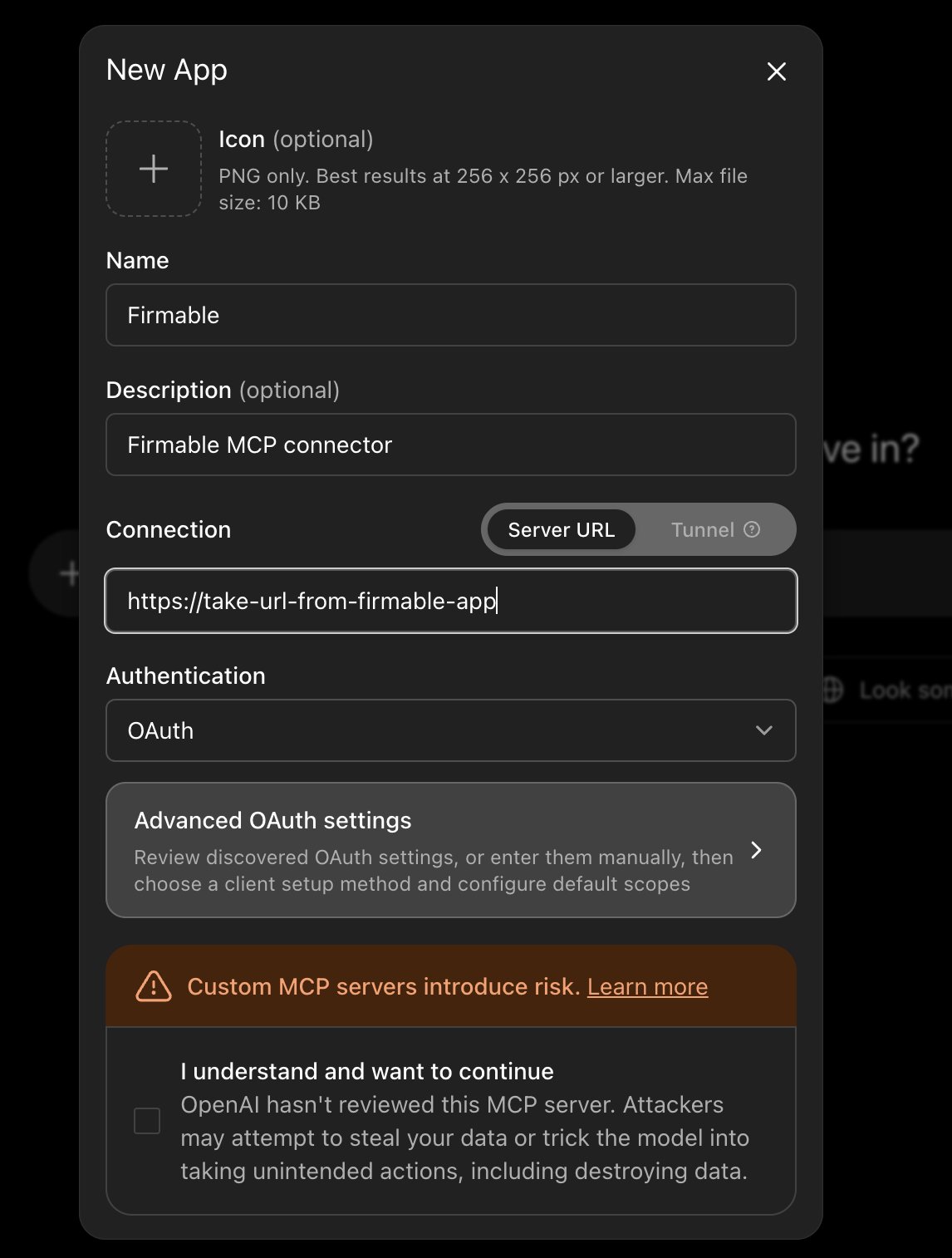 ChatGPT New App form with name, description, server URL, OAuth, and the risk acknowledgment checkbox