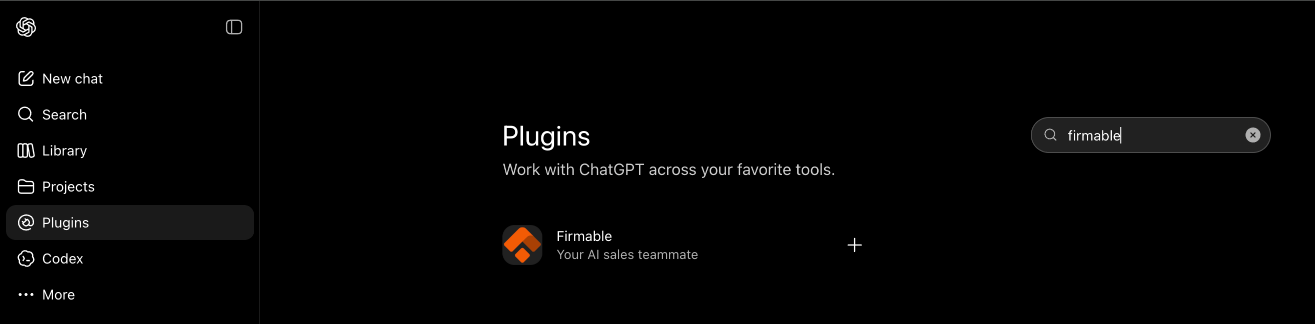 ChatGPT Plugins page with 'firmable' searched, showing the Firmable app with an add button