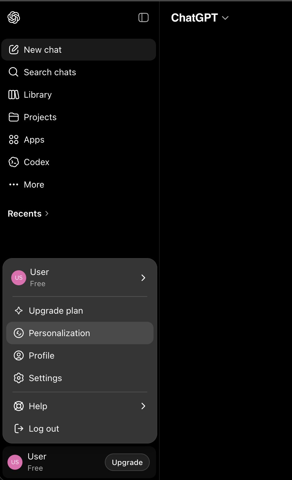 ChatGPT sidebar profile menu with the Settings option