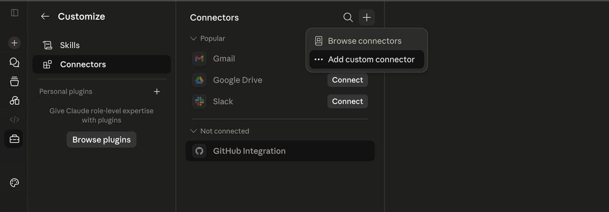 Connectors tab with the plus menu open showing Add custom connector