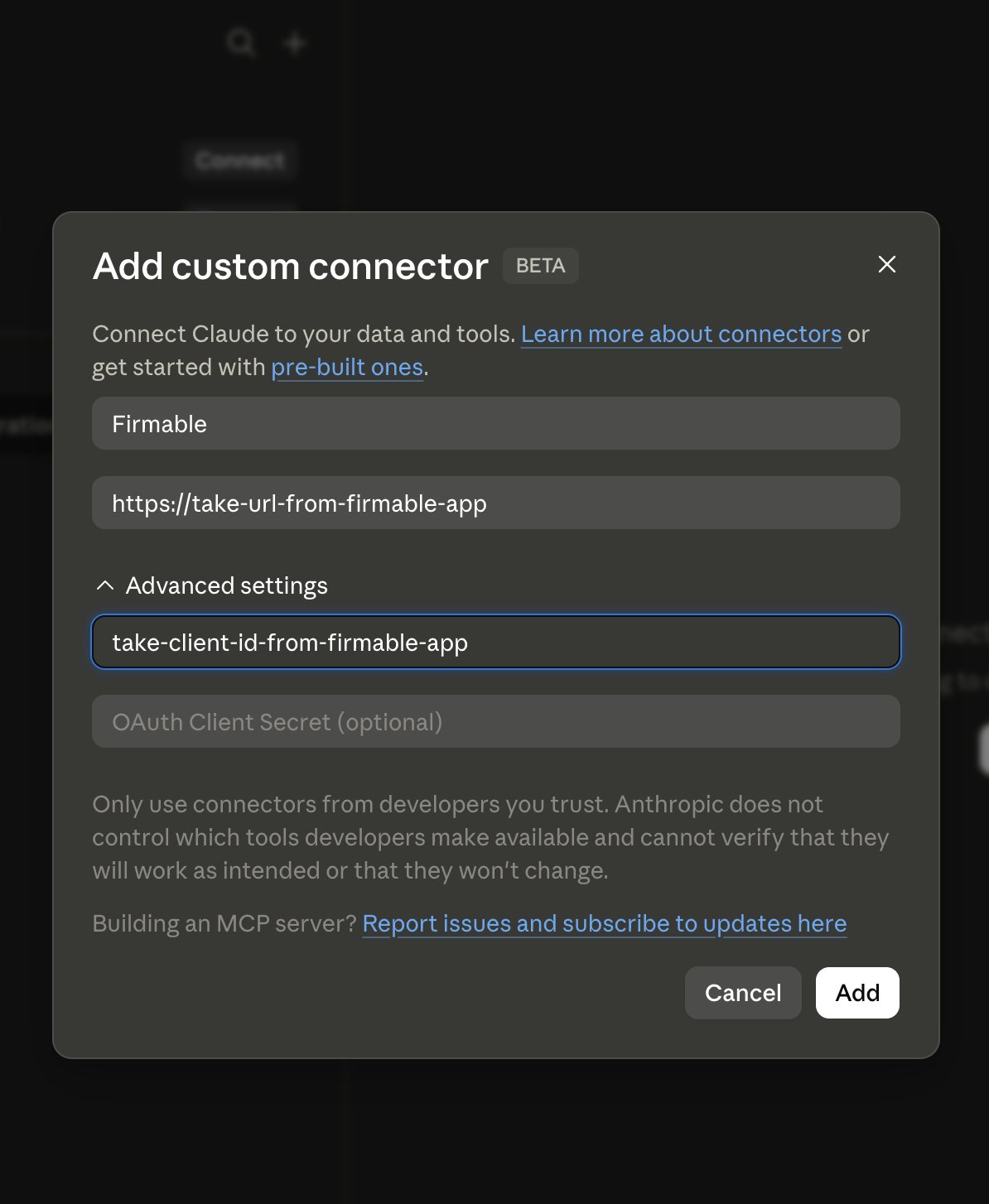Add custom connector dialog with the Firmable name, MCP server URL, and OAuth Client ID filled in