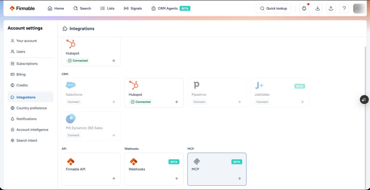 Firmable Account settings Integrations tab with the MCP card